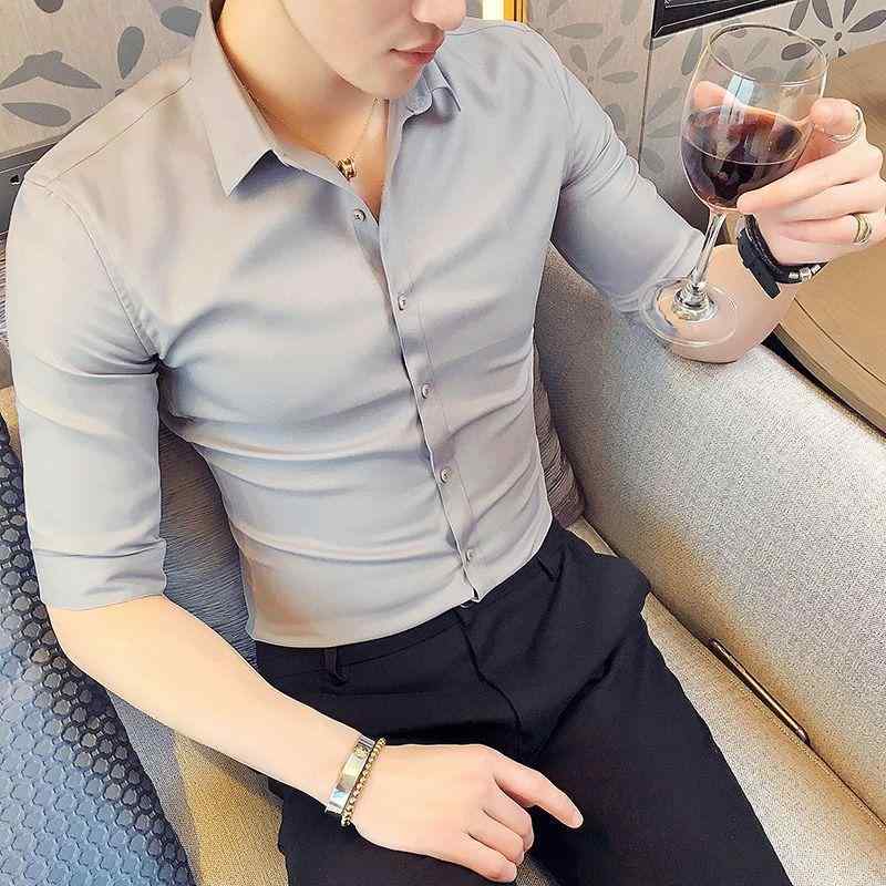 シャツ メンズ 男性用 スリム 半袖 七分袖 カジュアルシャツ トップス 韓国 薄手 接触冷感 吸湿速乾 普段使い 白シャツ
