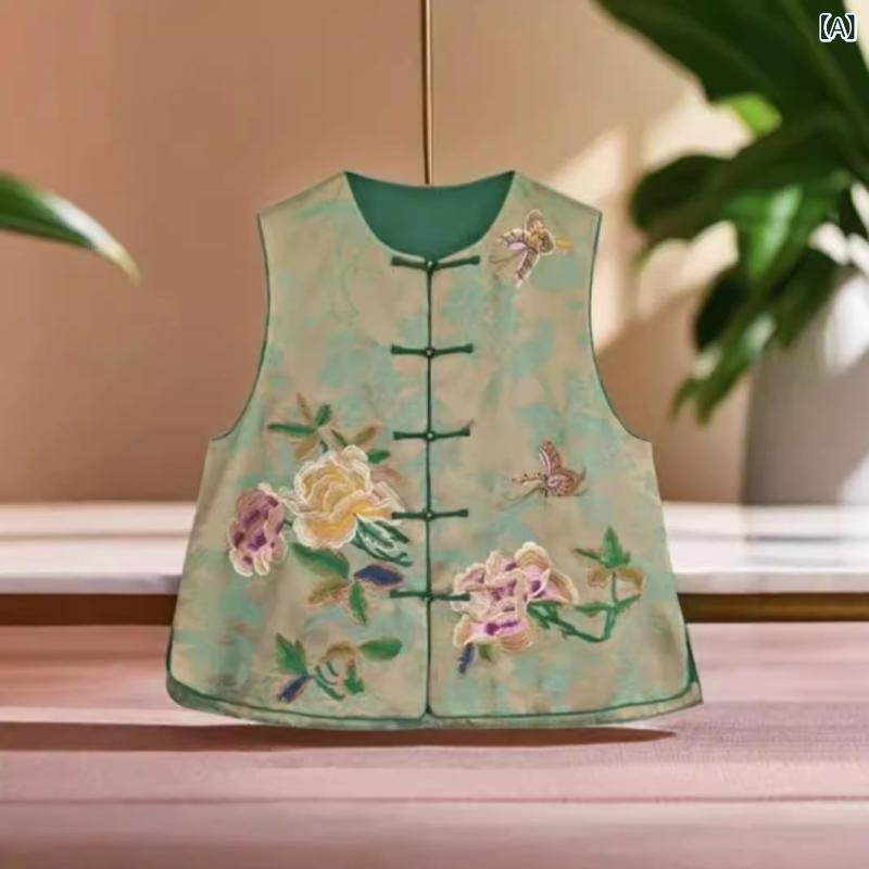 ベスト レディース 秋冬 レトロ 刺繍 チャイナ風 重ね着 ゆったり ノースリーブ トップス 普段使い お出かけ