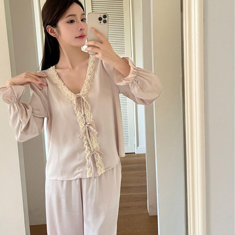 パジャマ レディース レース 春 長袖 接触冷感 ルームウェア かわいい 部屋着 サテン タッチ 冷感 伸縮性 ナイトウェア 寝巻き