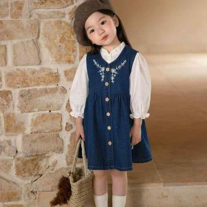 ワンピース キッズ 春秋 デニムスカート セットアップ 子供服 女の子 シャツ 刺繍 チュニック