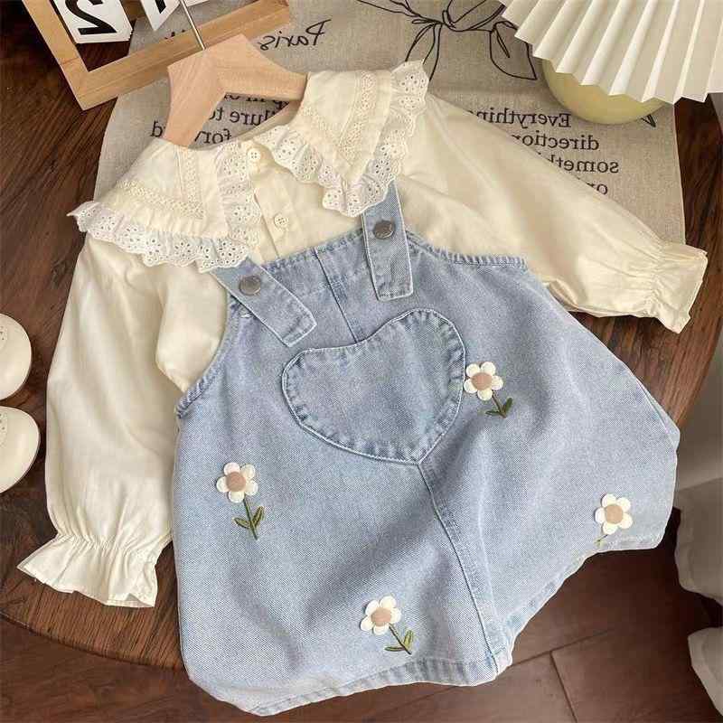 セットアップ キッズ 女の子 子供服 レース 襟付き シャツ 花柄 デニム サロペット スカート 上下セット 春秋 かわいい おしゃれ