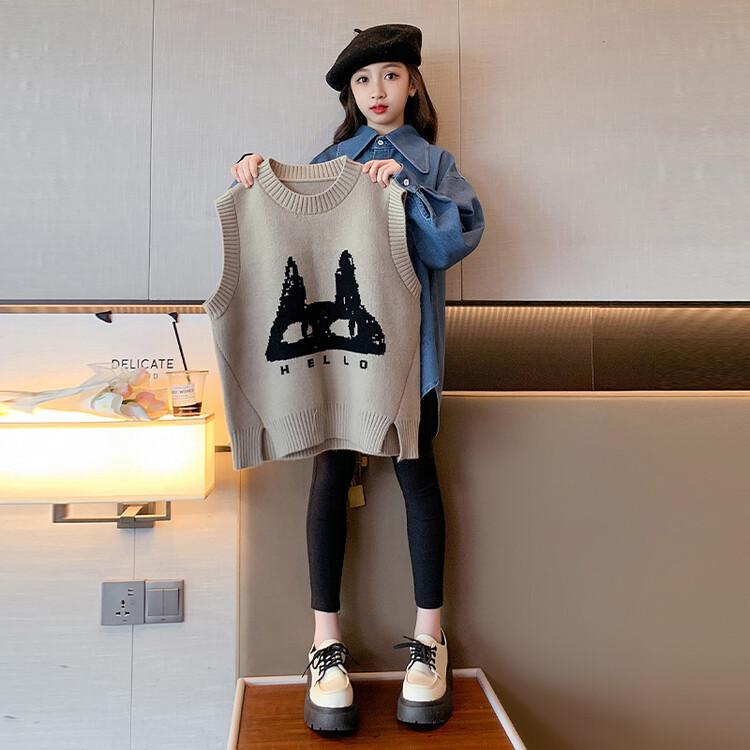 ベスト キッズ 女の子 春秋 ニット デニム シャツ 切り替え かわいい 韓国 子供服 セット