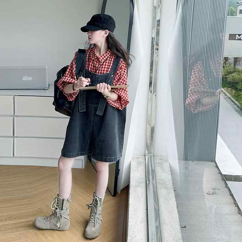 子供服 女の子 デニム ショートパンツ サロペット チェック柄 シャツ 2点セット カジュアル かわいい おしゃれ 大学生 普段使い