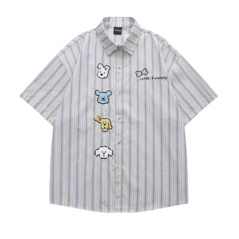 シャツ 男女兼用 ストライプ柄 刺繍 レトロ風 カジュアル ゆったり カップル お揃い トップス