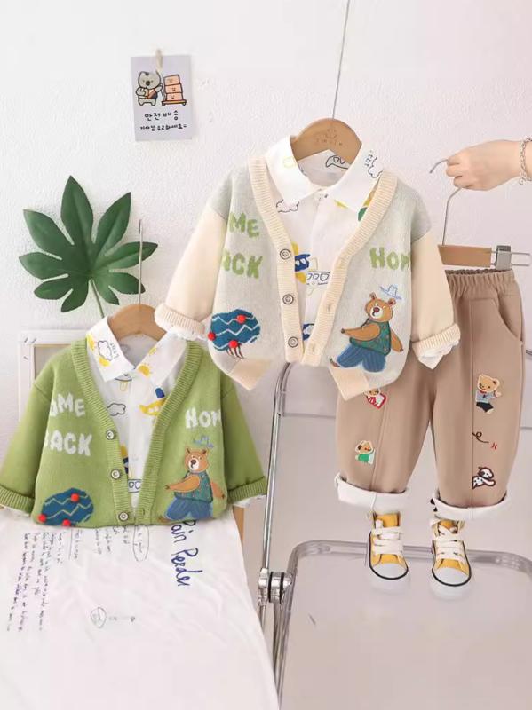 ニット カーディガン セットアップ キッズ 男の子 ベビー 子供服 小熊柄 セーター シャツ 春秋 おしゃれ かわいい