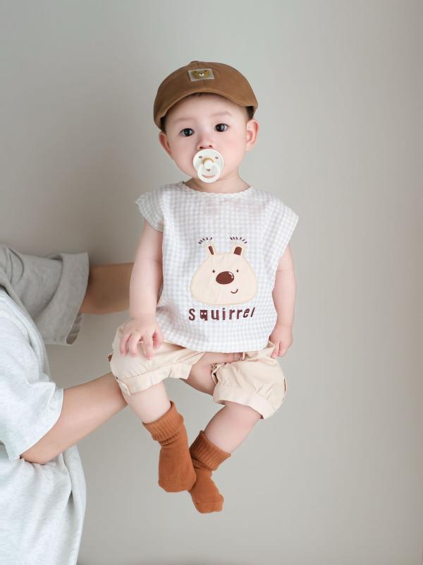 ベビー服 男の子 夏 ノースリーブ トップス 短パン 上下セット 薄手 チェック柄 涼しい かわいい 普段着 部屋着