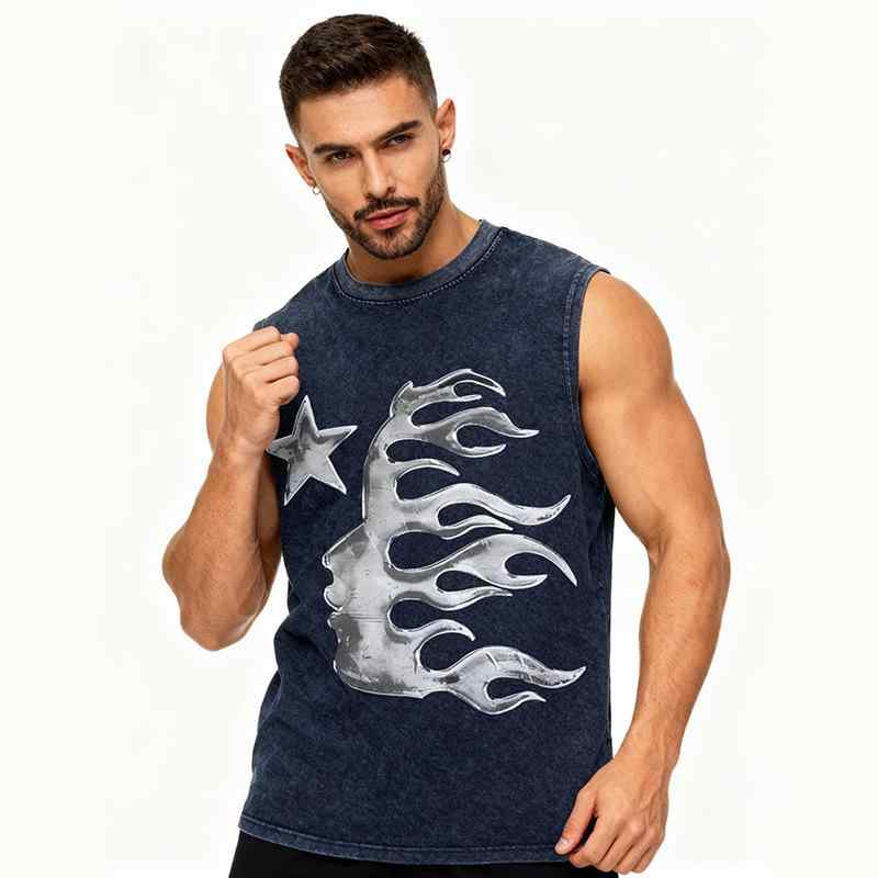 タンクトップ メンズ 男性用 ノースリーブ Tシャツ トップス レトロ ダメージ加工 ウォッシュ加工 シルバープリント 人物プリント ストリート2