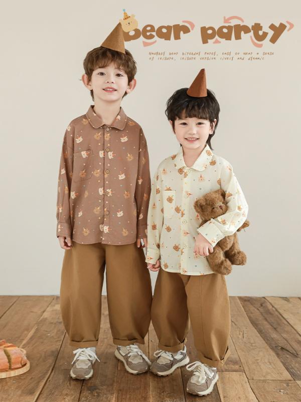 シャツ キッズ 長袖 前短後長 おしゃれ かわいい 子供服 子供用 男の子 ボーイズ ネルシャツ風 小熊 クマ アニマル ワンポイント 刺繍 コットン 綿 春秋