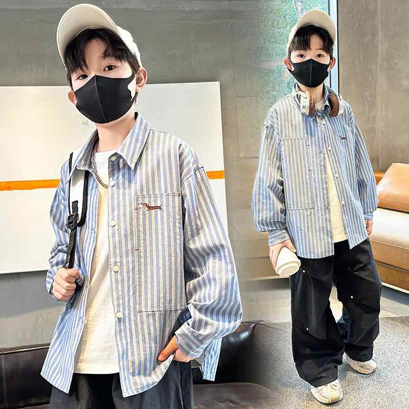 シャツ キッズ 男の子 春秋 ストライプ柄 長袖 トップス 子供服 カジュアル 薄手 アウター