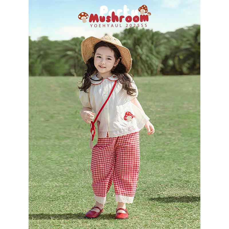 セットアップ キッズ 子供服 女の子 ガーリー 田園風 配色 シャツ ブラウス ゆったり ストレート パンツ かわいい 普段着 遊び着