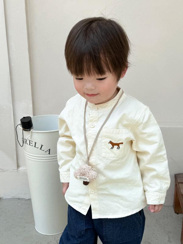 シャツ キッズ 子供服 長袖シャツ キツネ 刺繍 立襟 トップス 韓国 コットン 男の子 女の子 カジュアル 綿 春秋
