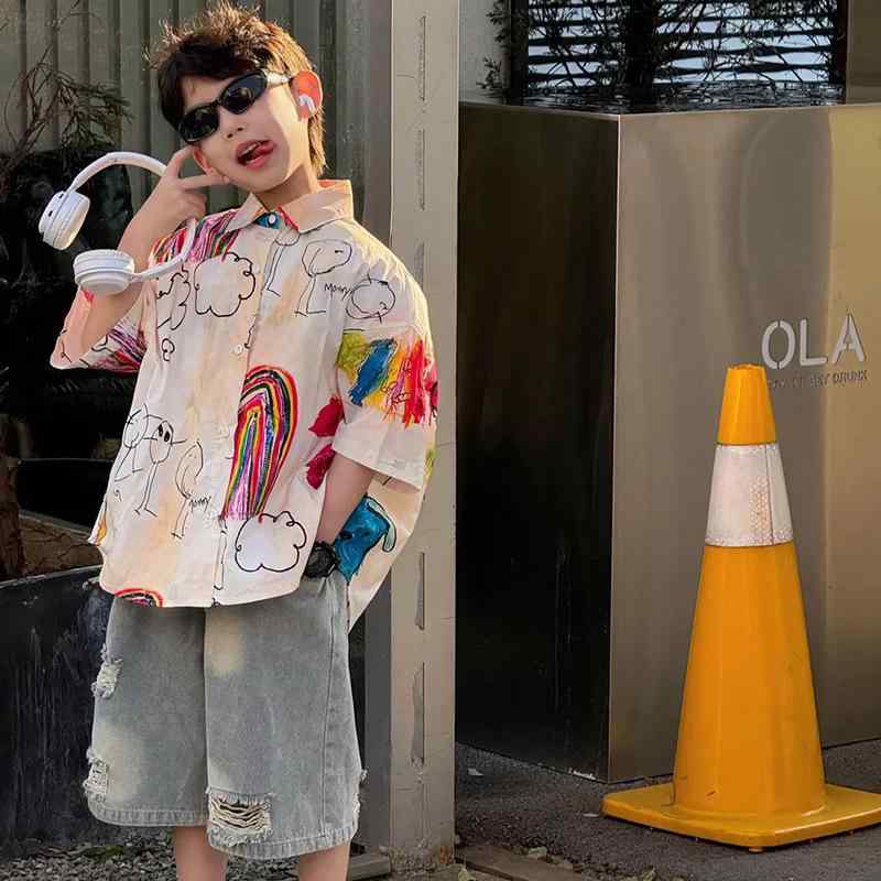 シャツ キッズ 男の子 五分袖 トップス 個性的なグラフィックプリント おしゃれ クール