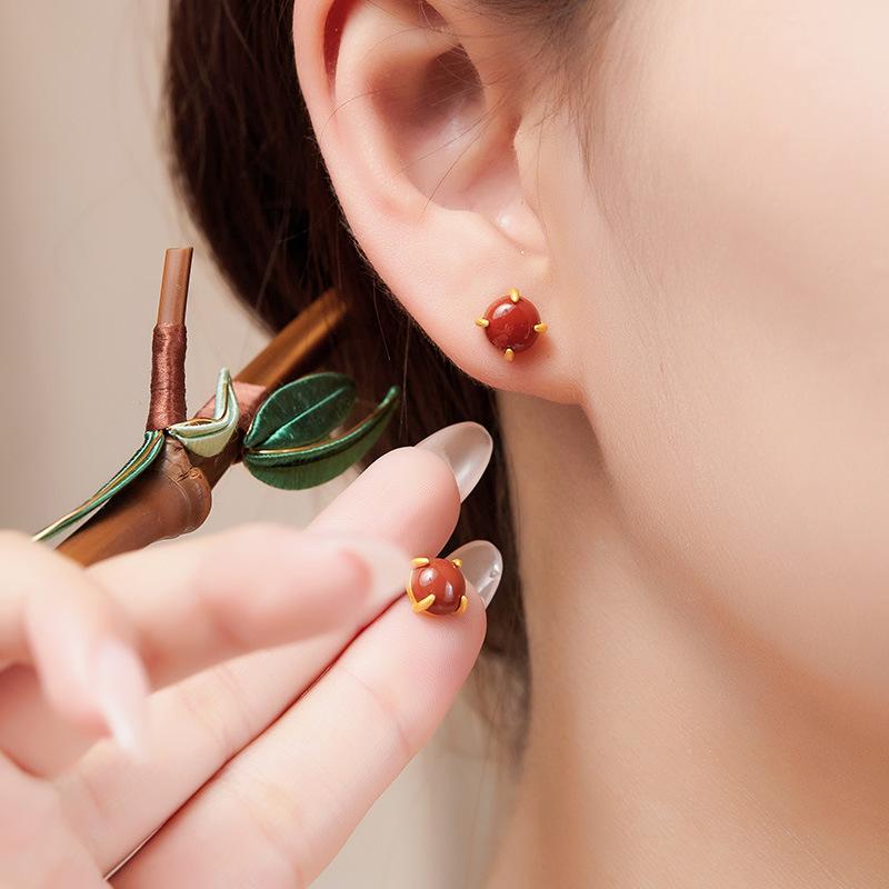 ピアス レディース S925 シルバー 南紅瑪瑙 瑪瑙 小さめ シンプル イヤリング シルバー925 電気メッキ 四爪 新中式 国風 アレルギー対応 スタッドピアス 百搭 フォーマル カジュアル かわいい