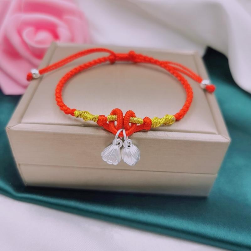 ブレスレット レディース 999 シルバー 蓮の花 蓮の葉 転運珠 ハンドメイド 赤い紐 銀 本命年2