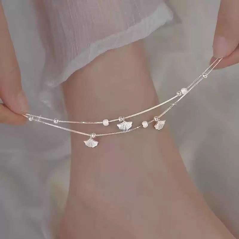 アンクレット レディース S925 シルバー 925銀 杏の葉 二重 インスタ 人気 ファッション アクセサリー ジュエリー フットアクセサリー