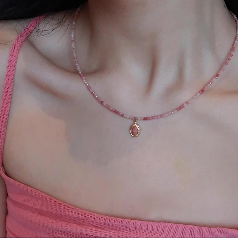 ネックレス レディース 少女 ピンク 天然石 ビーズ チョーカー レトロ ペンダント 鎖骨 電気メッキ加工 上品 アクセサリー