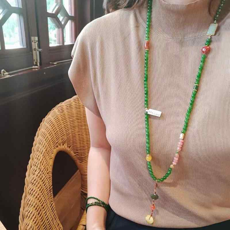 ネックレス レディース 秋冬 天然石 グリーン瑪瑙 ジェイド ロングネックレス ペンダント エレガント 新中式スタイル 軽奢 上品 アクセサリー
