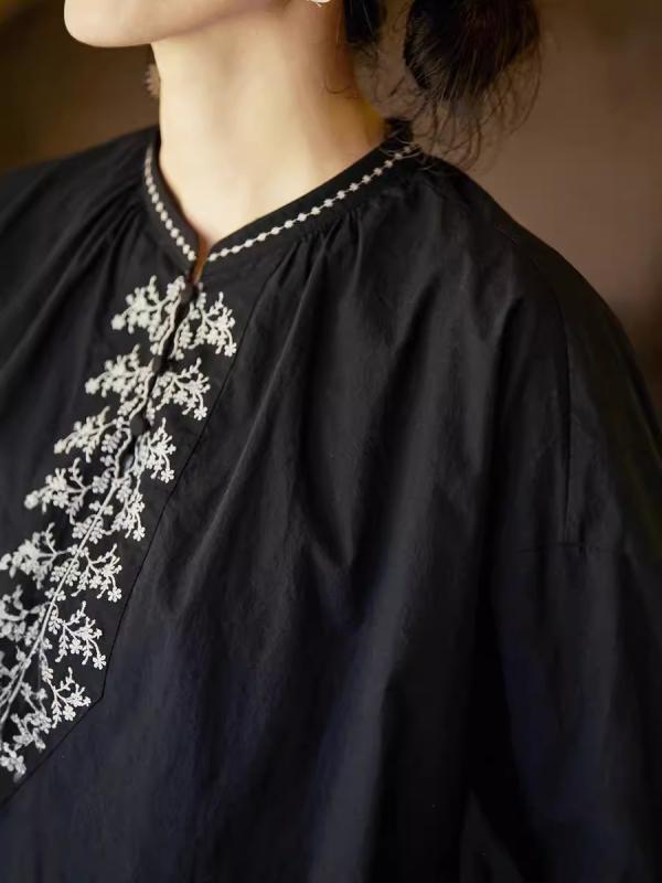 シャツ レディース 春秋 黒 綿 中華風 スタンドカラー レトロ ゆったり 刺繍 トップス