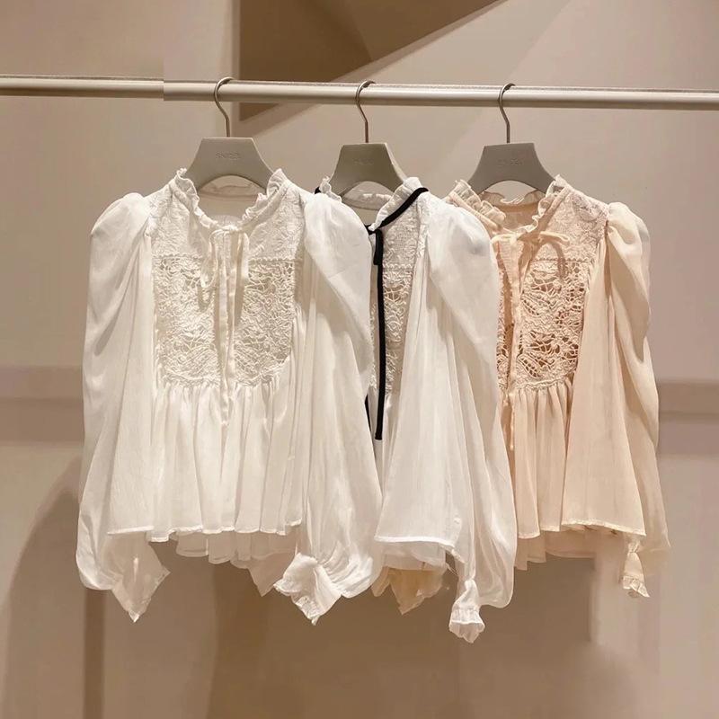 シャツ レディース レース ランタンスリーブ トップス 春 接触冷感 伸縮性 吸湿速乾 かわいい ブラウス2