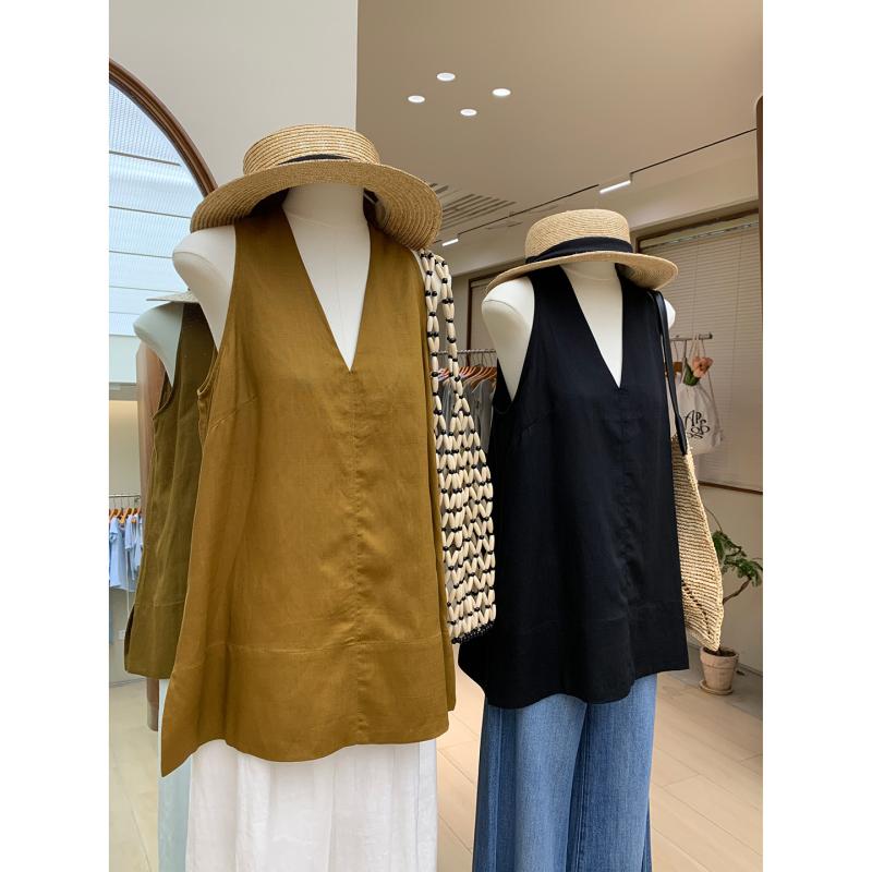 シャツ レディース Vネック ノースリーブ 天竺 リネンブレンド ゆったり 接触冷感 無地 涼しい カジュアル かわいい トップス カットソー 春夏