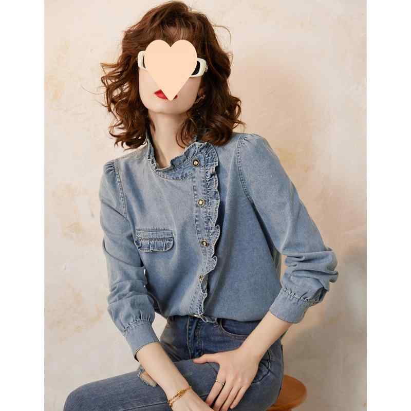 シャツ レディース デニムシャツ 24 春 長袖 ブラウス フリルネック 斜めボタン 前開き フリル かわいい ガーリー フェミニン 6,644円