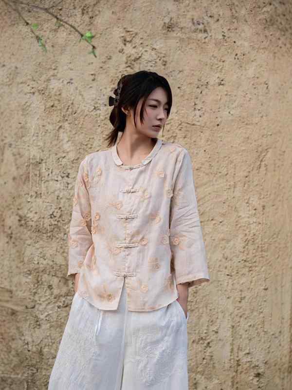 シャツ レディース ゆったり ラウンドネック トップス ブラウス 花柄 刺繍 レトロ 刺しゅう 麻 リネン 春夏 インナー2