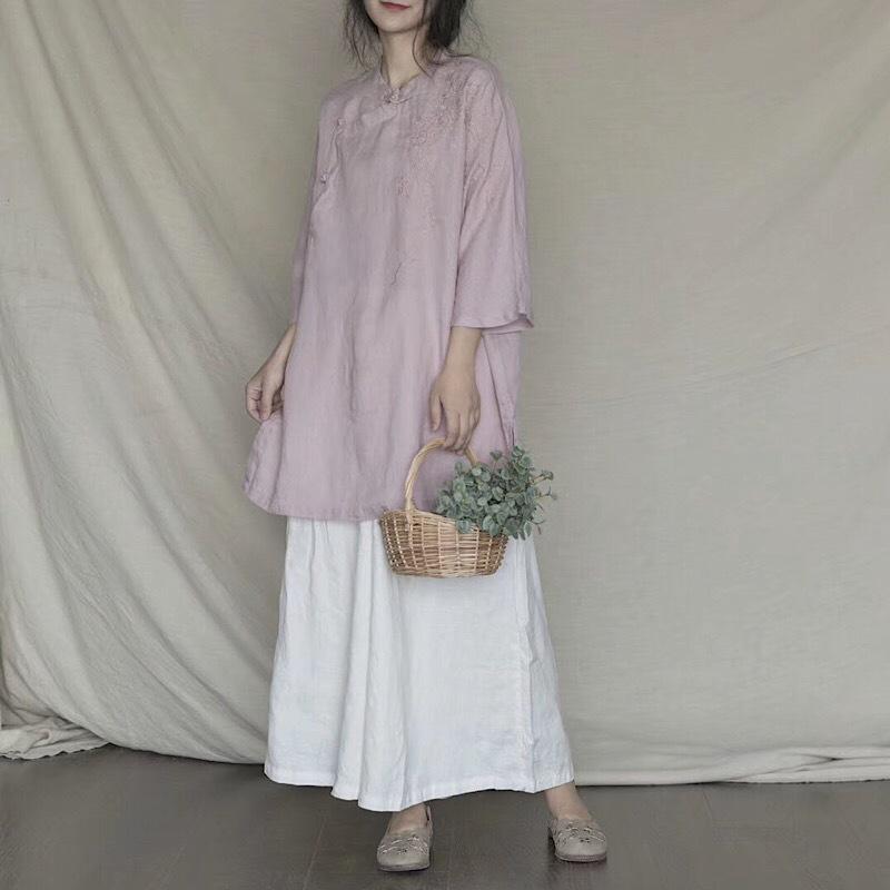 シャツ レディース 麻混紡 トップス 中袖 刺繍 チャイナ風ボタン留め 文芸風 レトロ 普段使い2|ソファポテト