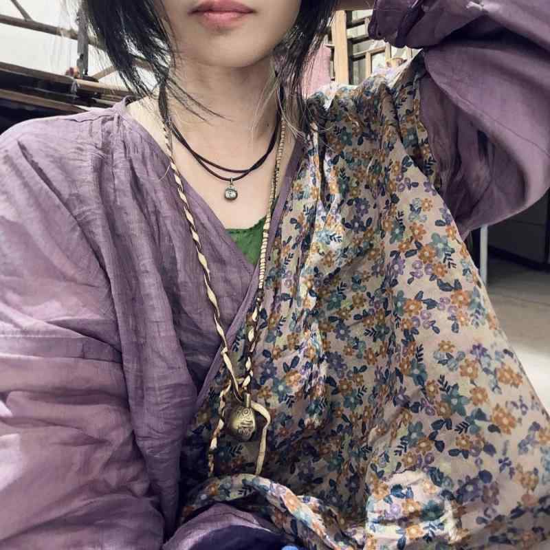 シャツ レディース 春夏 レトロ リネン 麻 花柄 プリント 斜めボタン 接触冷感 小衫 カーディガン2