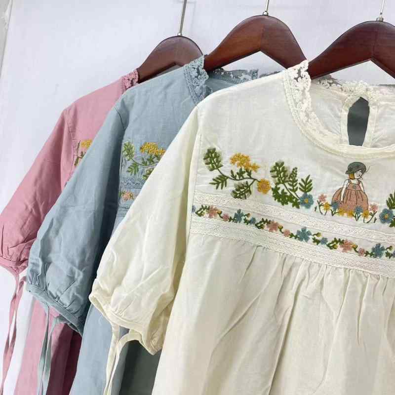 シャツ レディース 綿麻 刺繍 チュニック 半袖 プルオーバー 森ガール ゆったり トップス ブラウス かわいい ナチュラル リネン カットソー 春夏2｜ソファポテト
