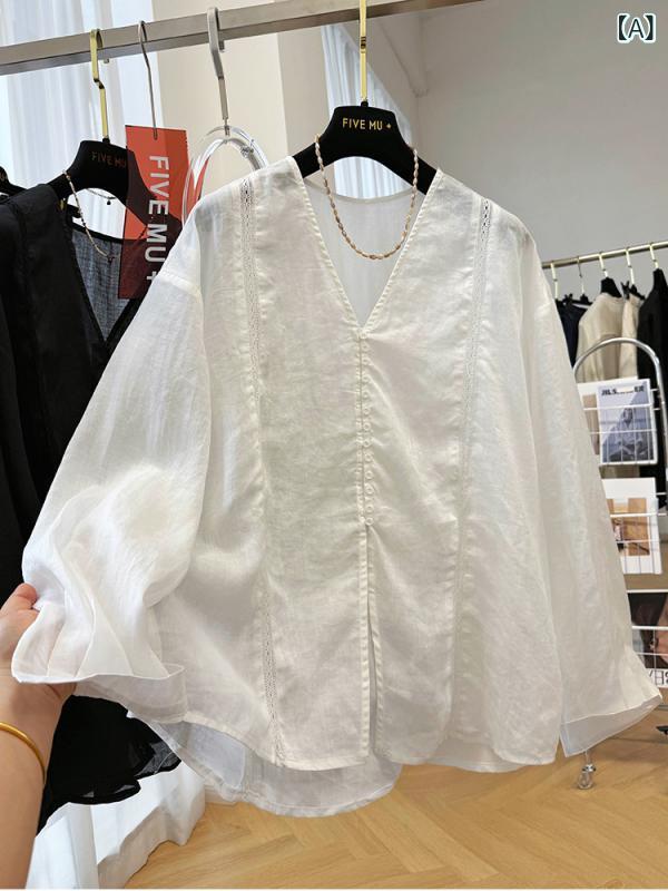 シャツ レディース 長袖 高級感 接触冷感 Vネック ブラウス トップス 薄手 涼しい リネン サマーシャツ 春夏