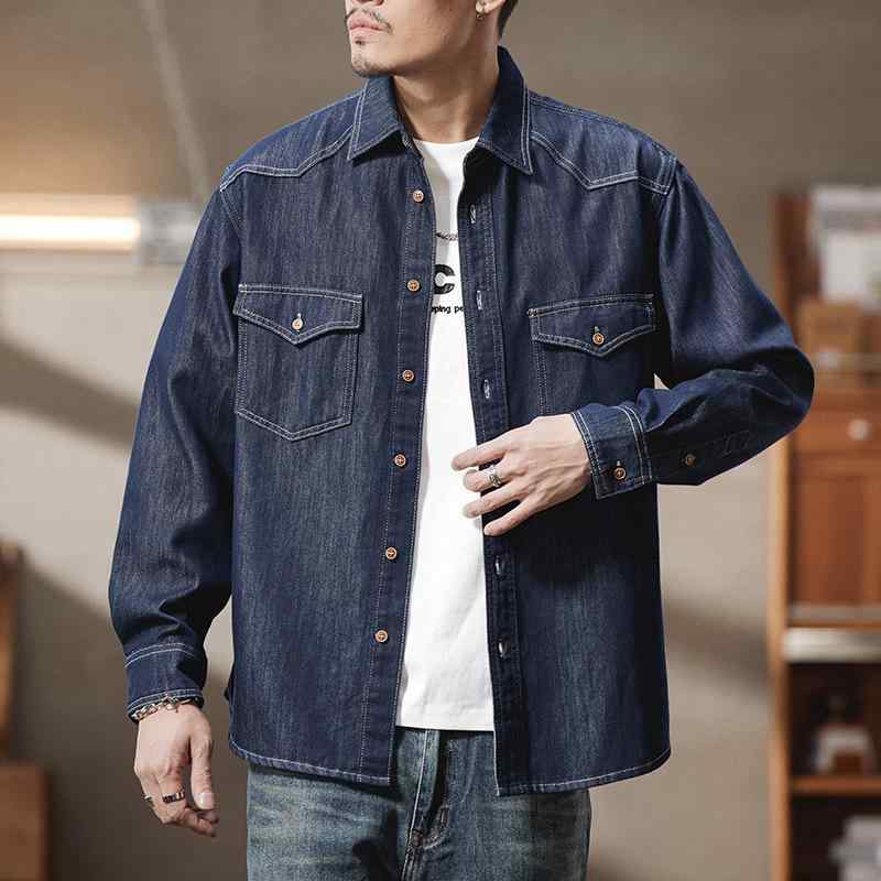 シャツ メンズ 男性用 春夏 新品 デニムシャツ 丹・最 ジーンズ ゆったり ?松 百搭 ウォッシュ加工 ノーカラー