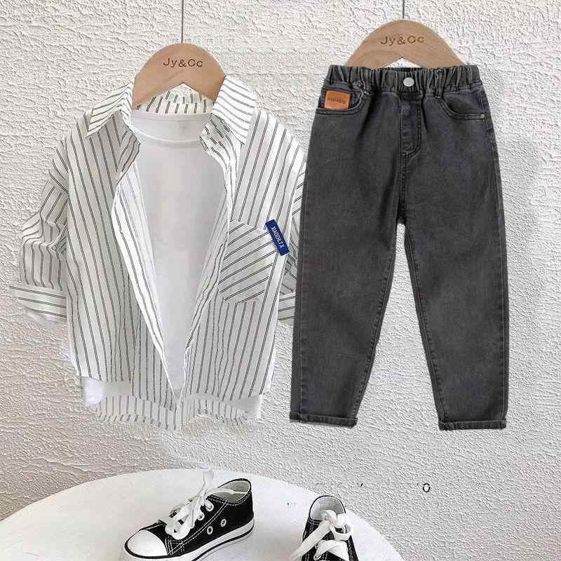 キッズ ボーイズ ストライプ シャツ 長袖 コットン デニムパンツ 上下セット 3点セット 春秋