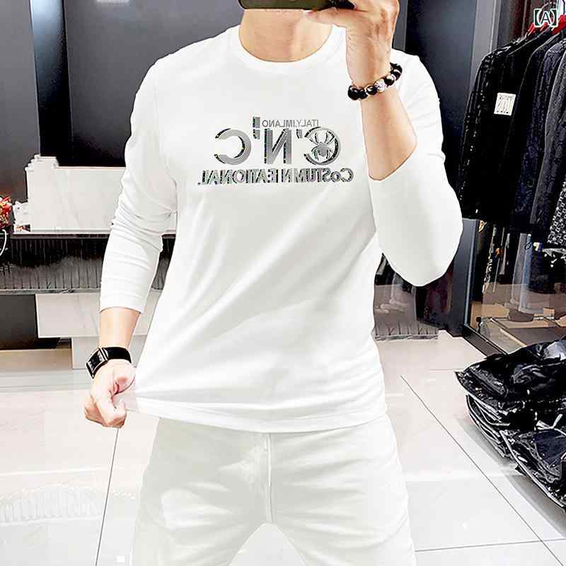 Tシャツ メンズ 男性用 長袖 トップス インナーシャツ ラウンドネック プリント カジュアル 快適 伸縮性 吸湿性