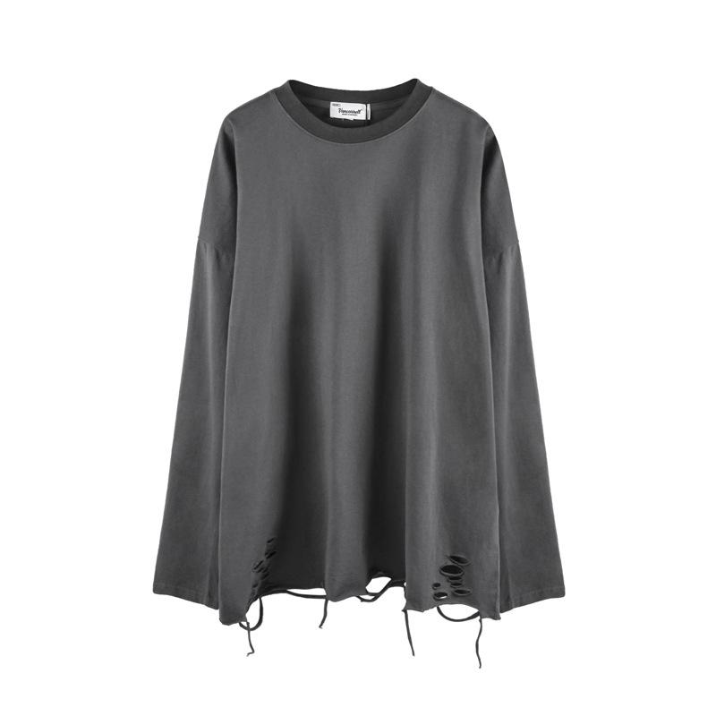 Tシャツ メンズ 長袖 ストリート系 ヒップホップ ダメージ加工 ゆったり 無地 インナー トップス カットソー