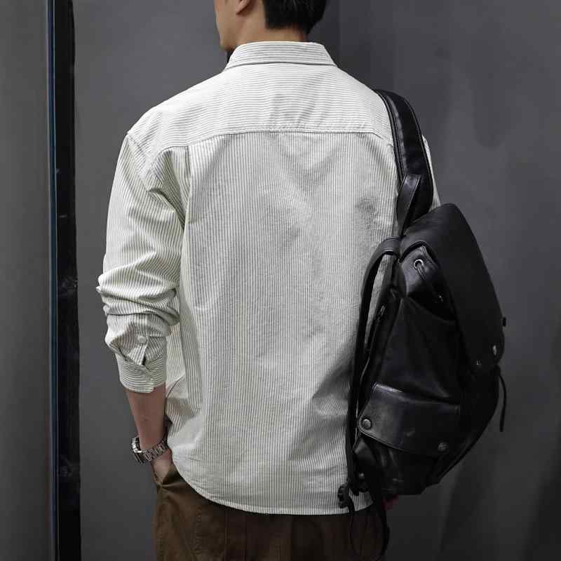 シャツ メンズ 男性用 綿 春物 長袖 トップス レトロ 羽織り ライトアウター ストライプ柄