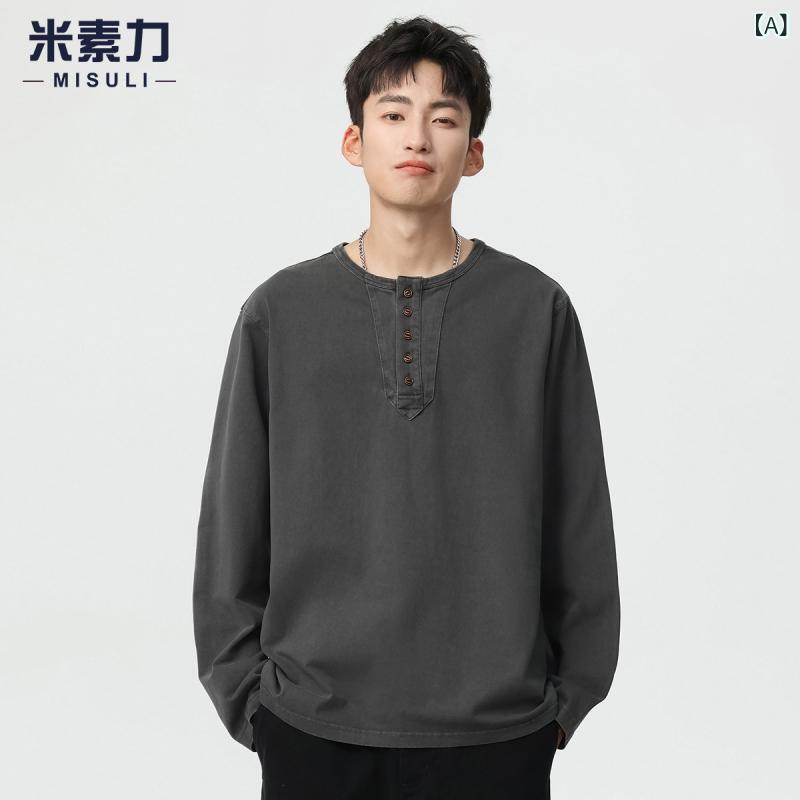 Tシャツ メンズ 男性用 ヘンリーネック トップス 長袖 カットソー 春物 秋冬 厚手 ゆったり 大きめサイズ カジュアル