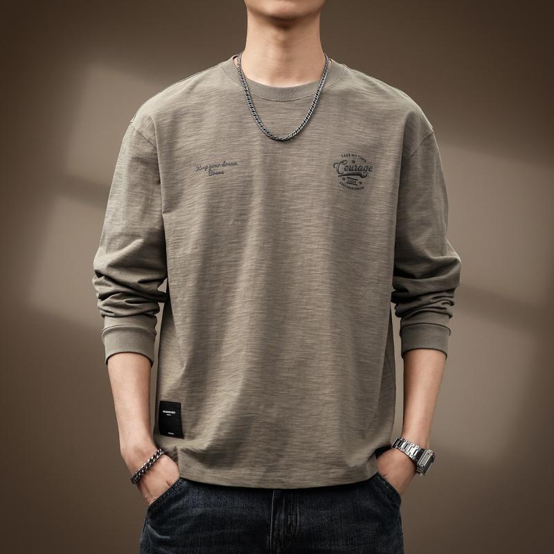 Tシャツ 男性用 竹節綿 長袖 和風 レトロ プリント ?松 ビッグシルエット 春秋 トップス カットソー