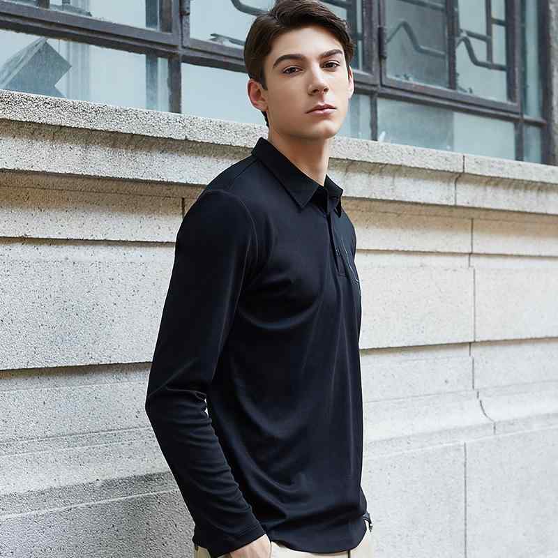 Tシャツ メンズ 男性用 トップス 接触冷感 シルク コットン 長袖 無地 襟付き スリムフィット 黒 ブラック 普段使い2