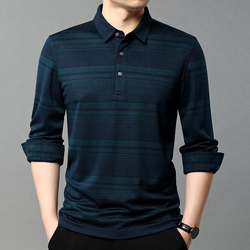 Tシャツ メンズ 男性用 長袖 高機能 高品質 ポロシャツ トップス ウール混 ストライプ柄 カットソー 紳士服 接触冷感 吸湿速乾 伸縮性