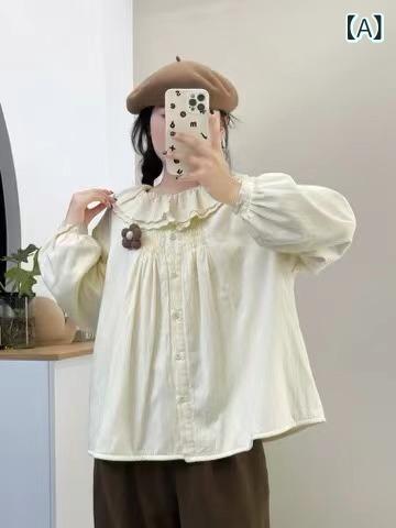 シャツ レディース 長袖 森ガール 文芸 無地 裏起毛 清楚系 ガーリー オフィス カジュアル トップス ブラウス 春秋冬2
