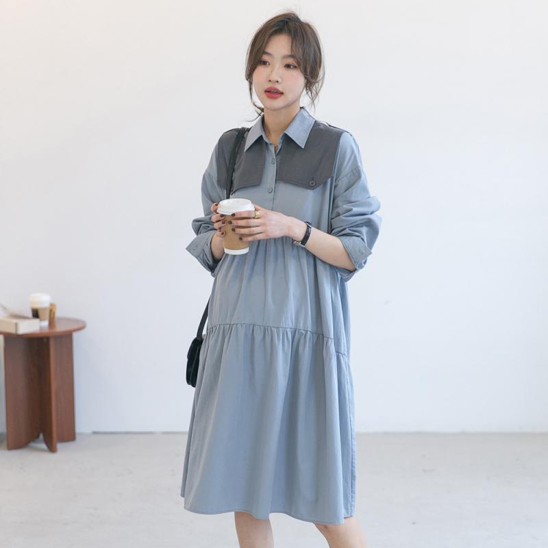 衣裳 マタニティ 日月 長袖 含ませる服 膝掛け 襟 A伝達ルート シャツワンピ 今めかしい 愛くるしげ 韓国風 プレおっ母さん お出かけ2