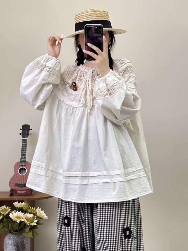 シャツ レディース レース 切り替え 刺・墸 ゆったり 長袖 トップス 森ガール かわいい 普段使い2