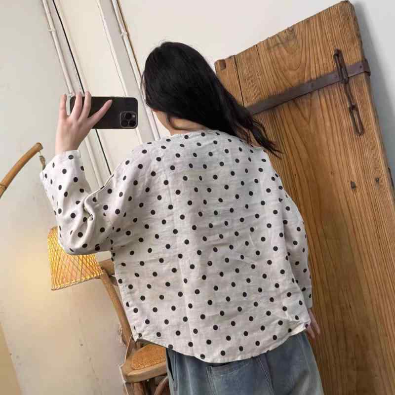 プルオーバー レディース 春夏 ゆったり 波点 点点柄 丸首 トップ トップス リネン 麻 砂洗 サンドウォッシュ産業 読みもの風 今めかしい 普段使い走り 自然的 愛くるしげ2