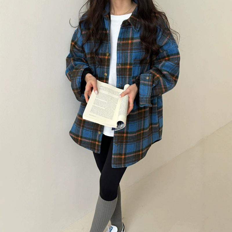 シャツ レディース 秋冬 チェック柄 中長丈 韓国風 ビッグシルエット 厚手 あったか 暖か 保温2｜ソファポテト