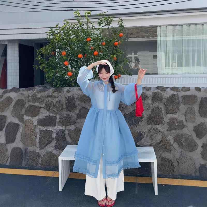 ワンピース レディース 韓国風 リゾート風 重ね着 シースルー 接触冷感 紫外線対策 オーガンジー パフスリーブ2