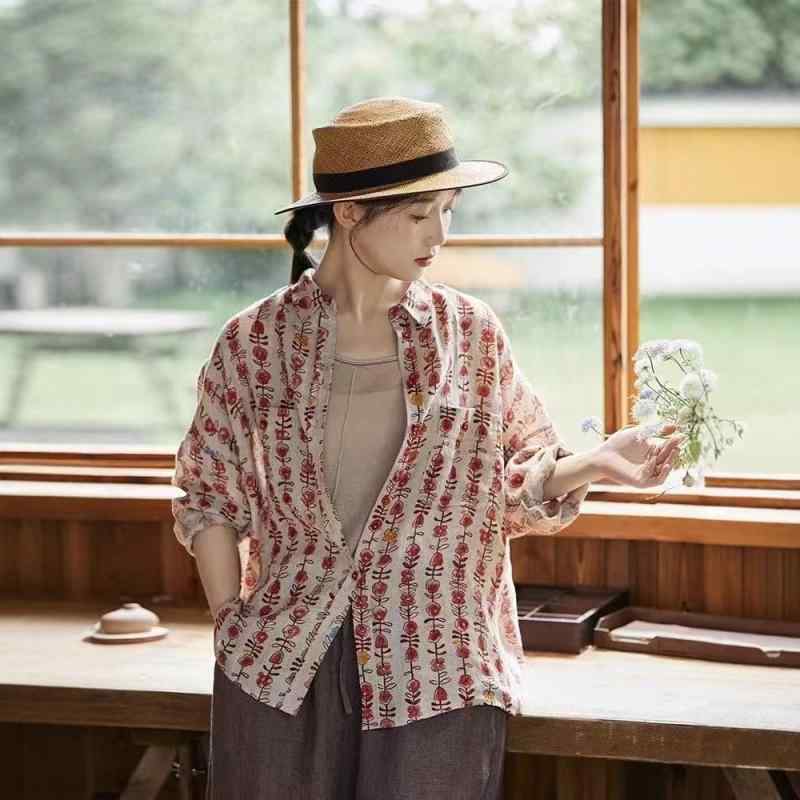 シャツ レディース 春夏 接触冷感 リネン プリント柄 涼しい ゆったり 長袖 ブラウス 紫外線対策 UVカット トップス 日焼け防止 普段使い 通勤用|ソファポテト
