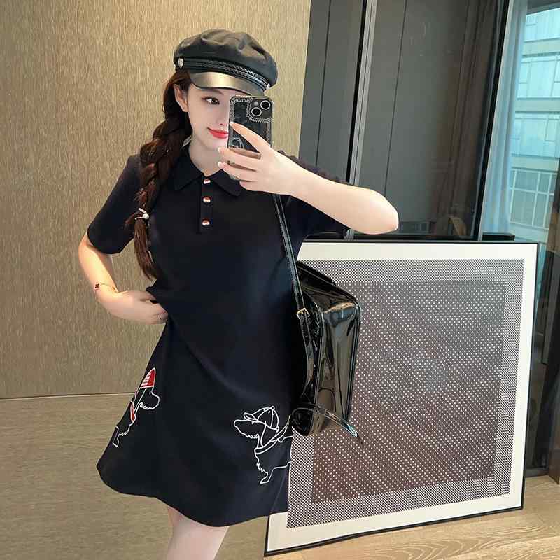 ワンピース レディース 春夏 接触冷感 ニット ショートスリーブ Tシャツ ドッキングワンピース 学院風 カジュアル かわいい 刺繍 犬2
