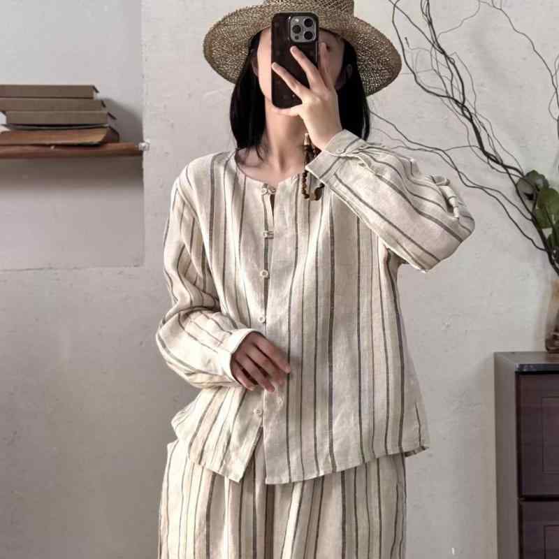 シャツ レディース レトロ 配色 織り亜麻 リネン ストライプ 襟付き ブラウス トップス カットソー 百搭 かわいい 普段使い2