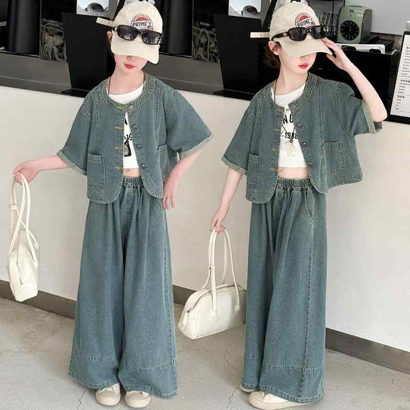 子供服 半袖 セットアップ デニム シャツ ブラウス 2点セット かわいい おしゃれ ガールズ 女の子 トップス 春夏 カジュアル ミディアム丈