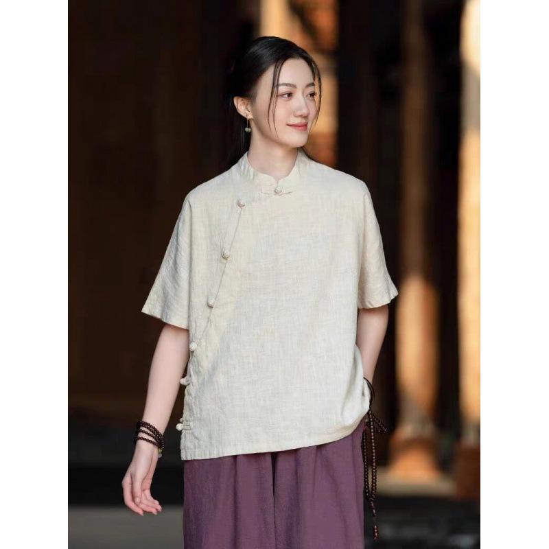シャツ レディース 禅意 リネン チュニック 禅修服 ?麻 半袖 斜め襟 チャイナボタン 茶服 新中式 トップス